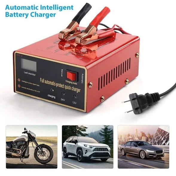 Red battery charger with clamps on a white background, featuring images of vehicles below.