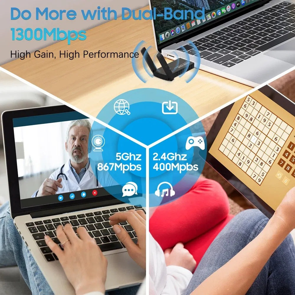 Laptop with a screen displaying a doctor, surrounded by text about dual-band connectivity and performance.