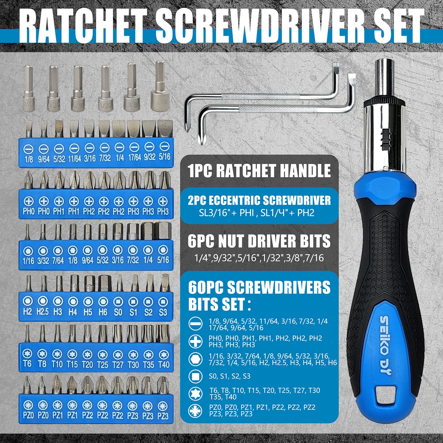 Screwdriver set with ratchet handle and various bits on a gray background