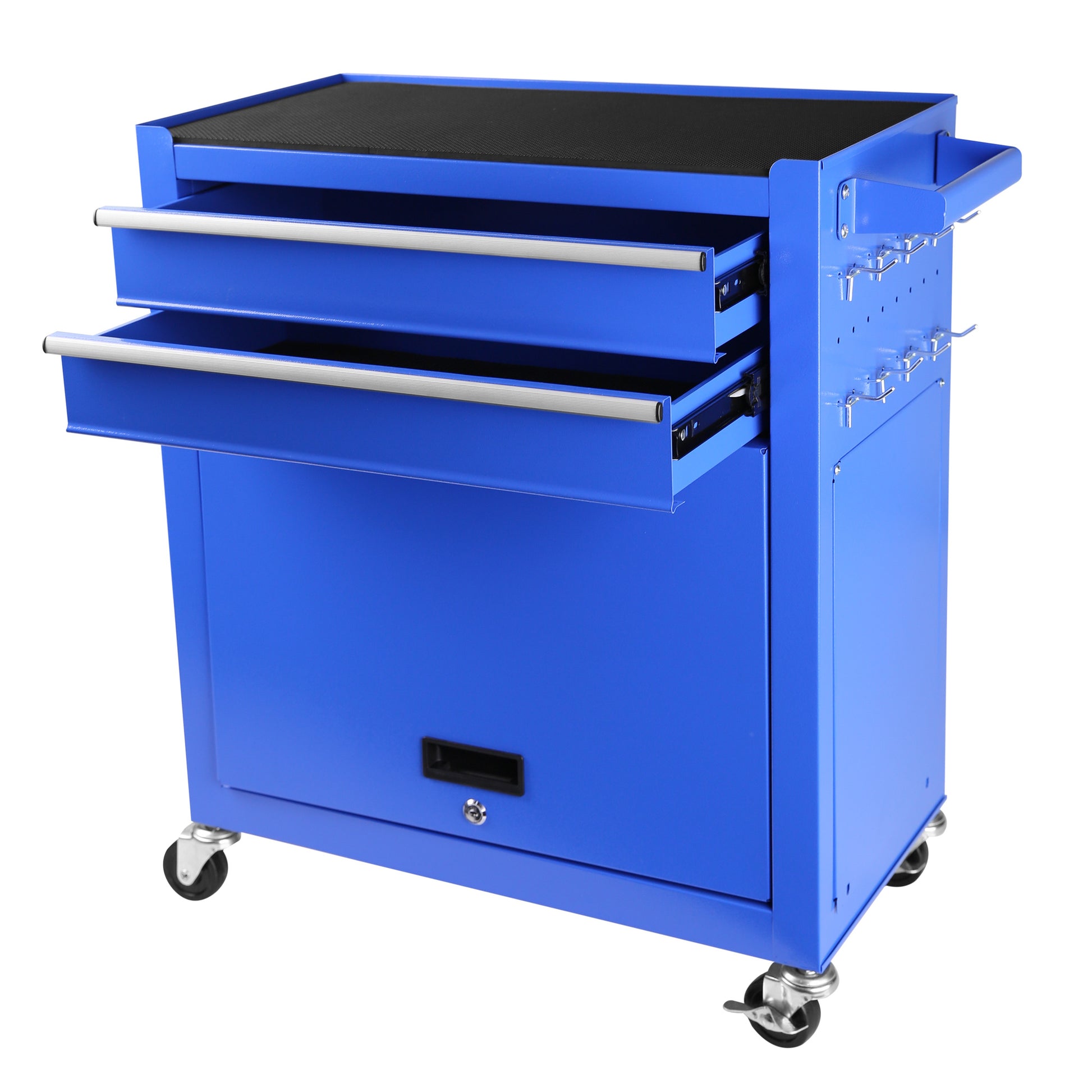 Blue tool cart with multiple drawers on a white background