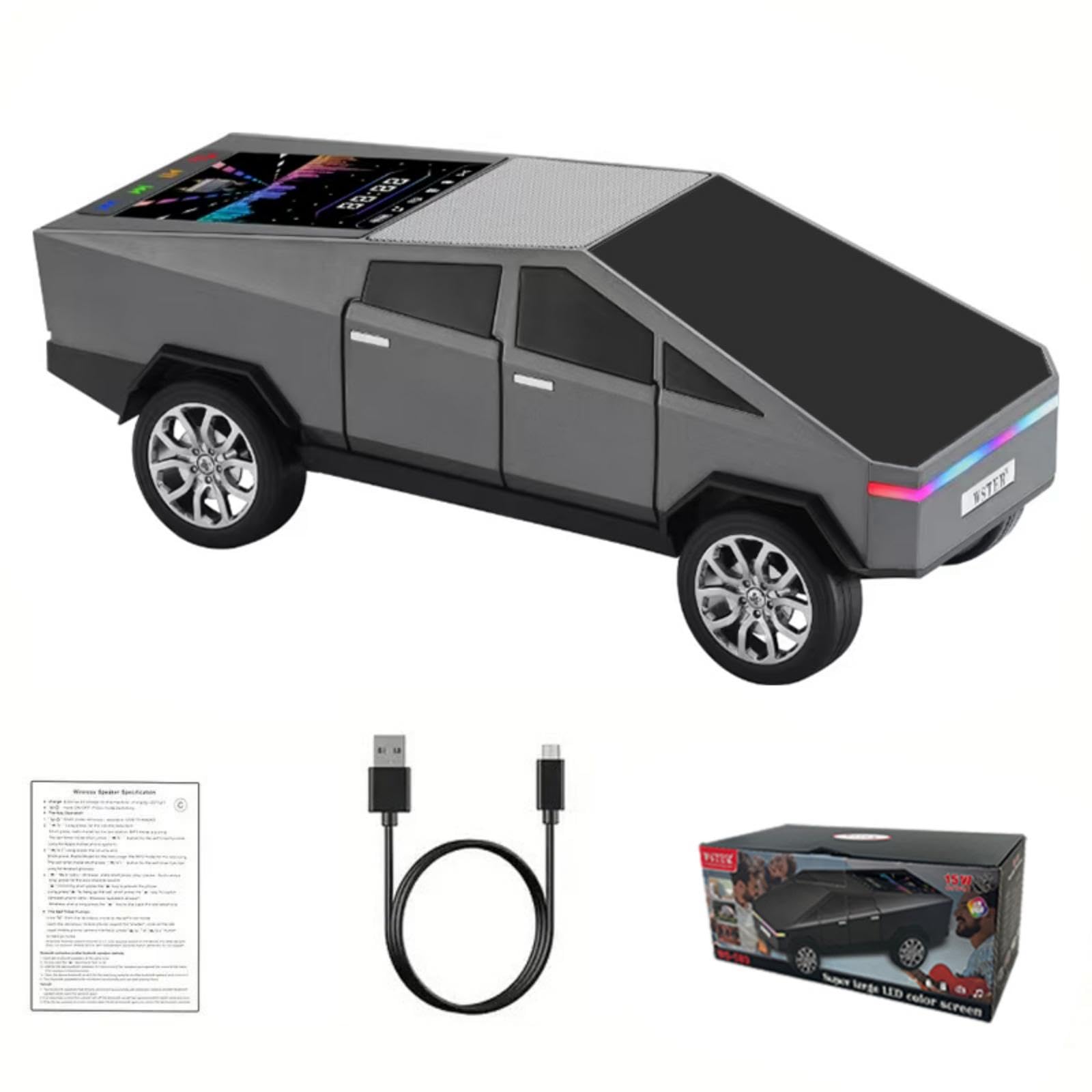 Model of a futuristic truck with electronic components, USB cable, and packaging on a white background from Nested Wisdom