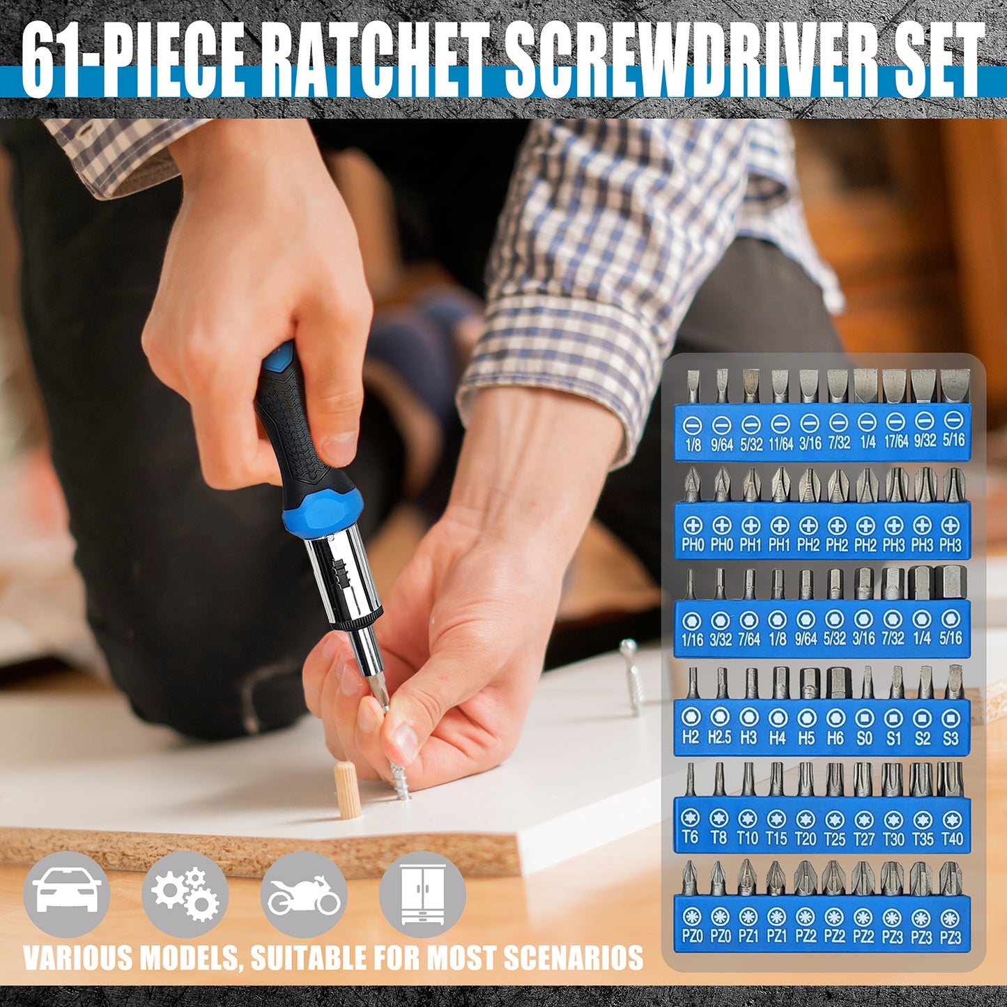 61-piece ratchet screwdriver set with tools and a person using it on a wooden surface.