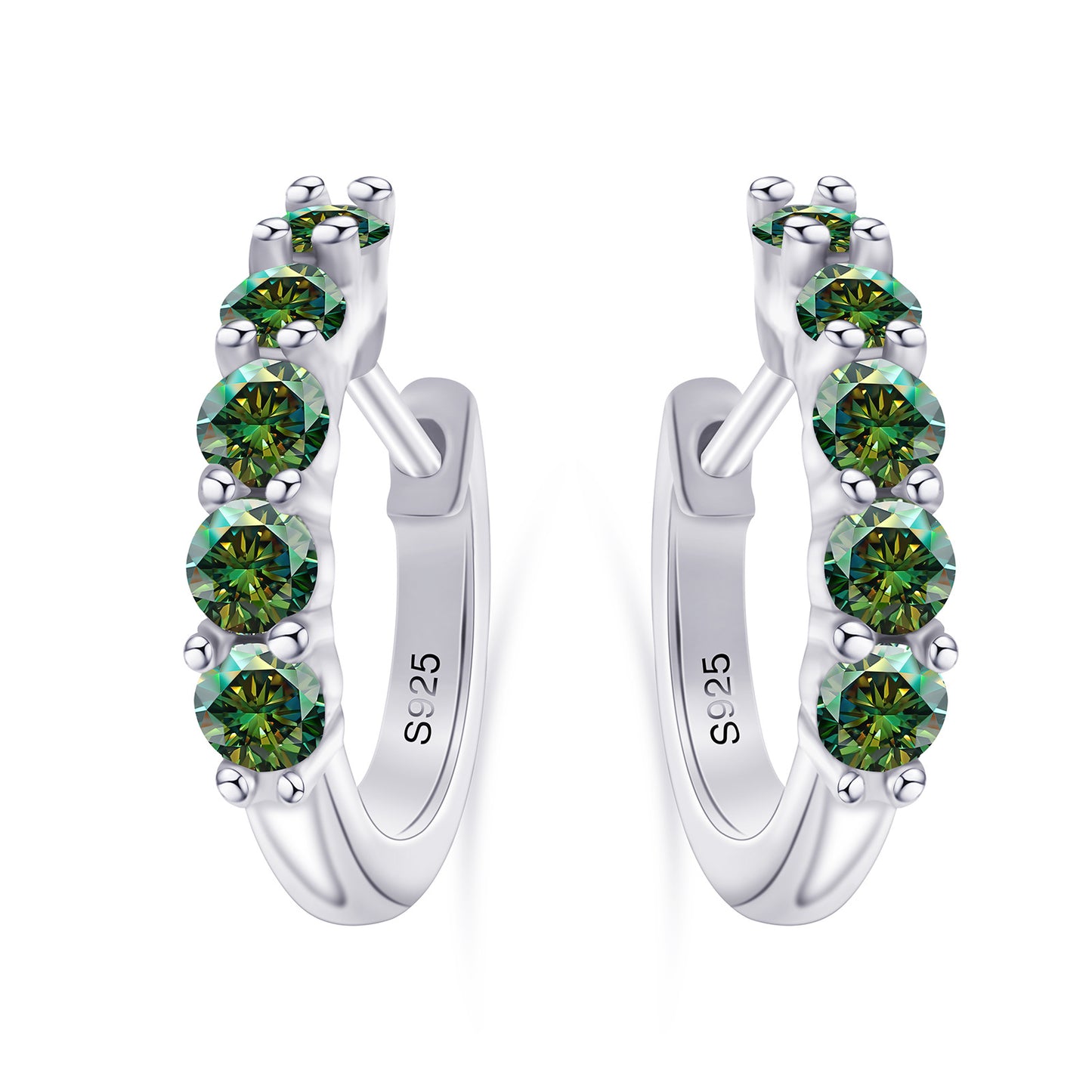 Silver hoop earrings with green gemstones on a white background