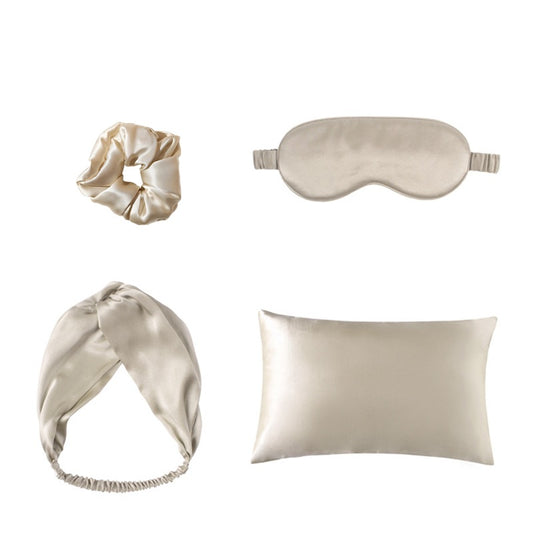 Champagne Satin Sleep Set with Double-Sided Eye Mask, Pillowcase, Hair Ring & Hair Band