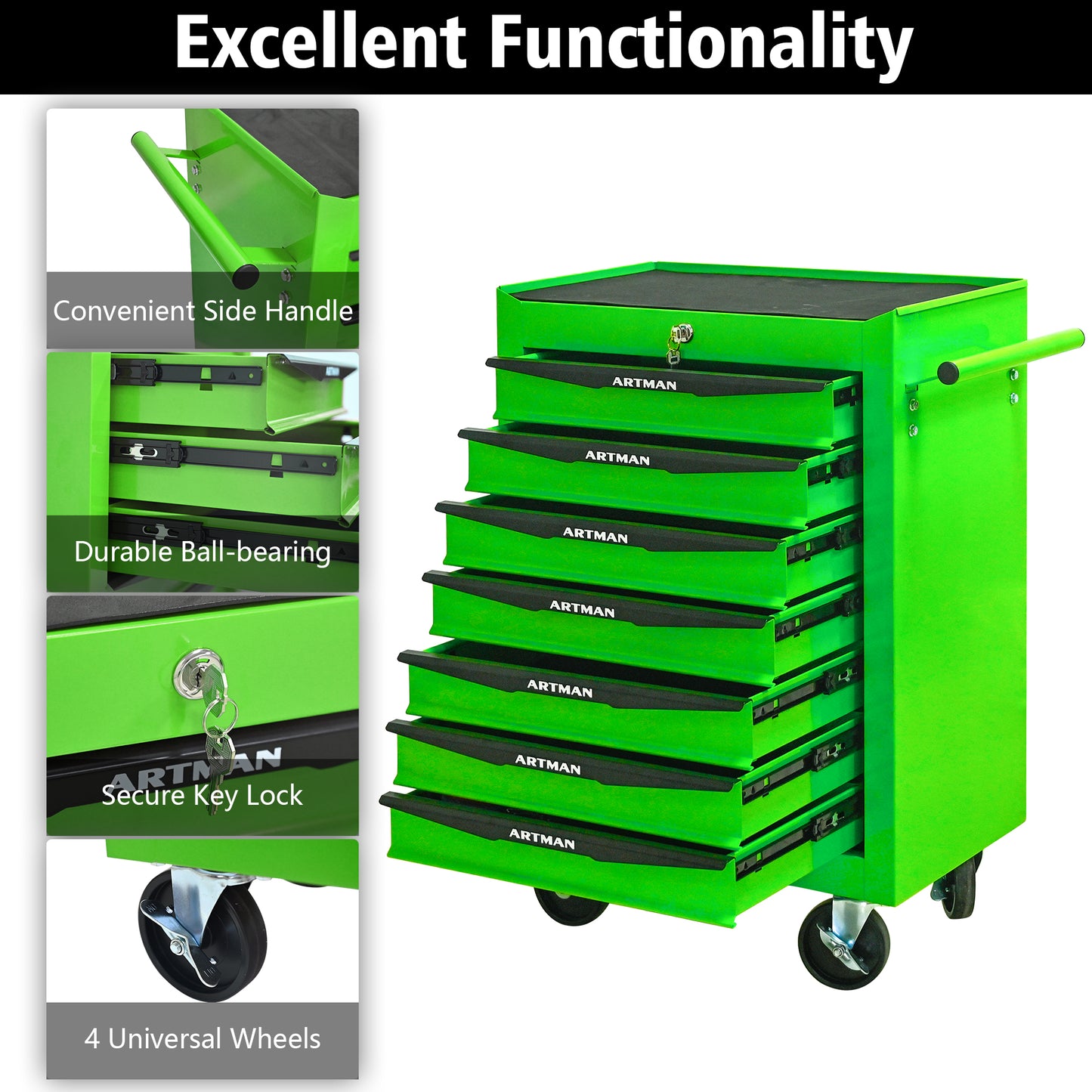Green tool cart with features highlighted on a white background