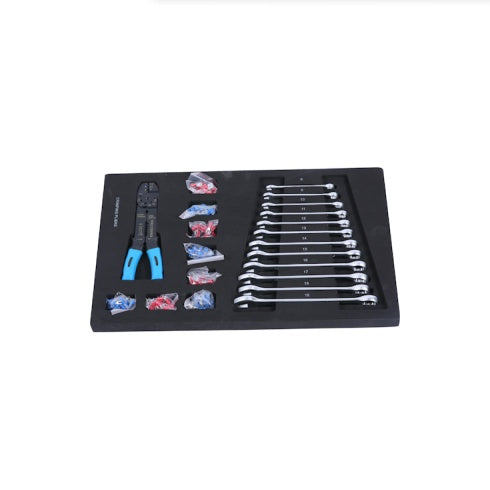 Set of wrenches and pliers on a black tray with a white background
