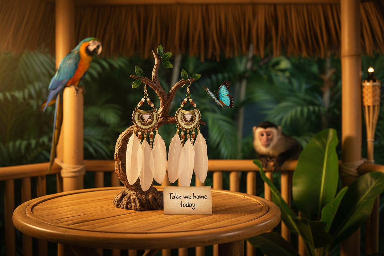 Pair of earrings with white feathers and decorative gold and brown elements 