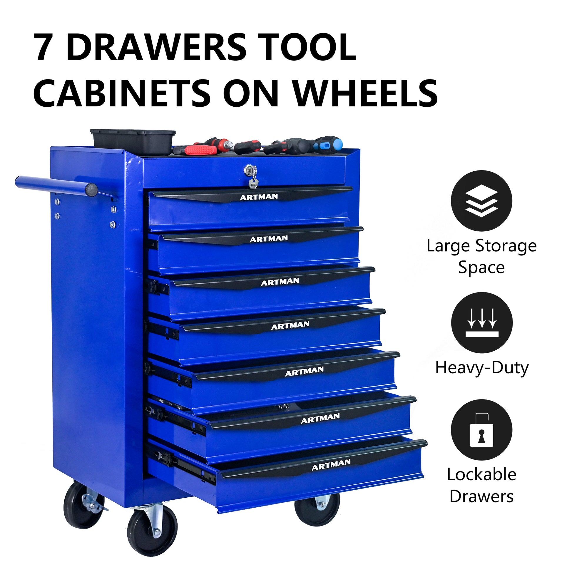 Blue tool cabinet with seven drawers on wheels, featuring Artman branding, on a white background.