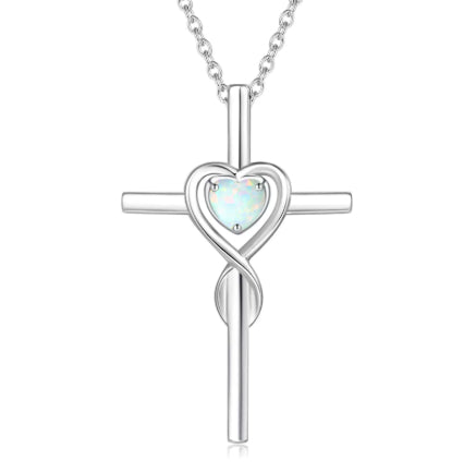 Birthstone  Silver cross necklace with a heart-shaped opal pendant on a white background