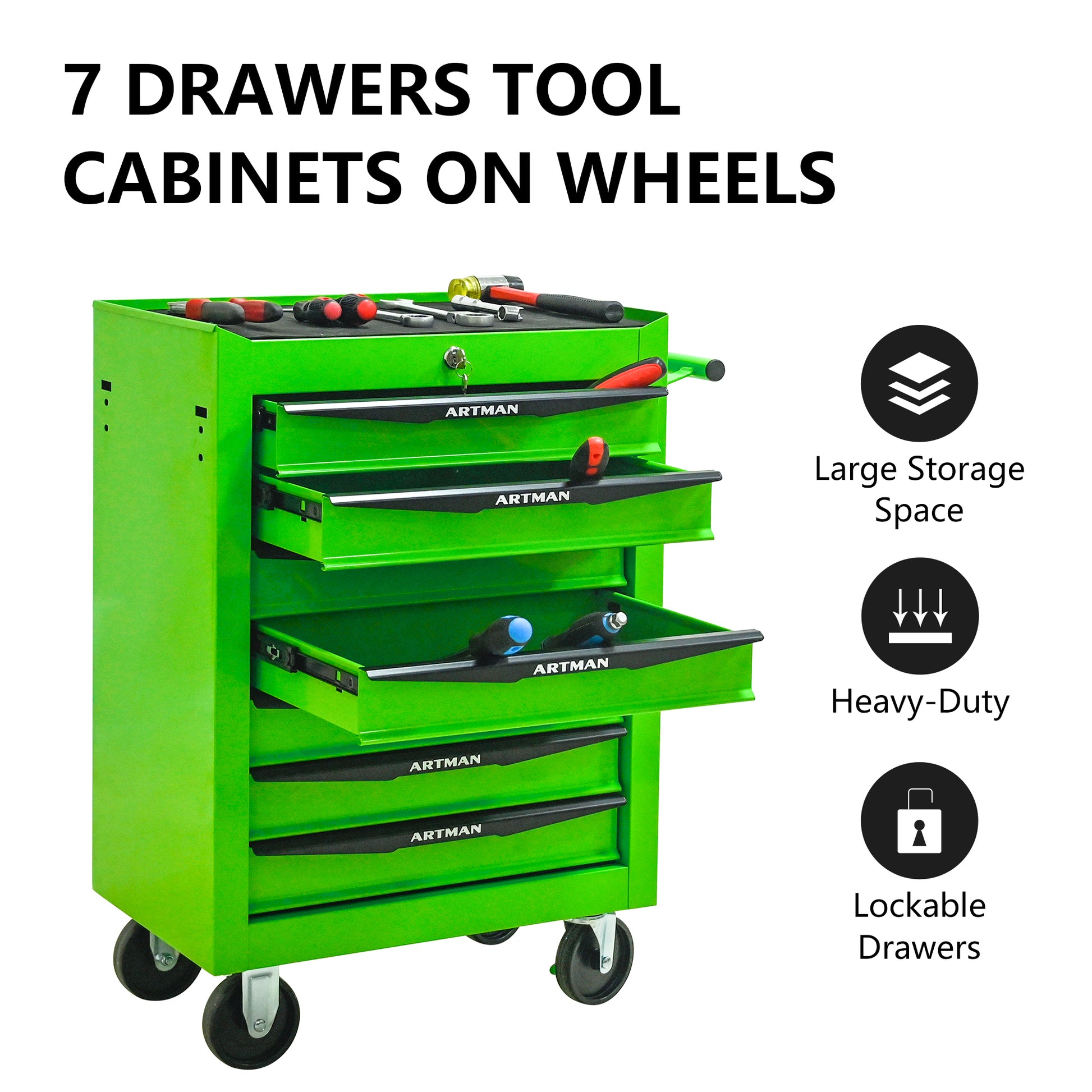 Green tool cabinet with seven drawers on wheels, featuring Artman branding, and text highlighting features.