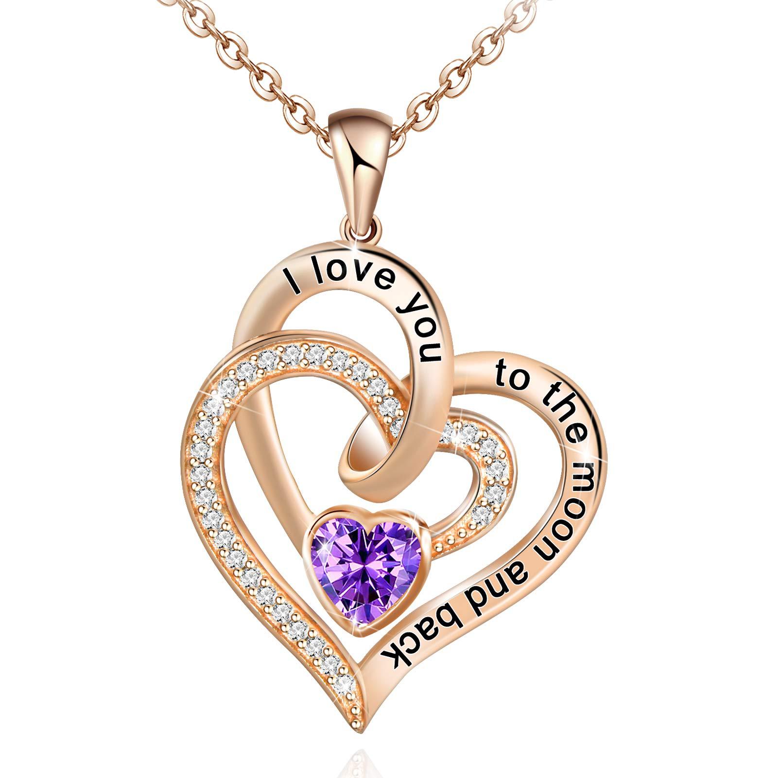 Birthstone Rose gold heart-shaped necklace with purple gem and engraved text on a white background