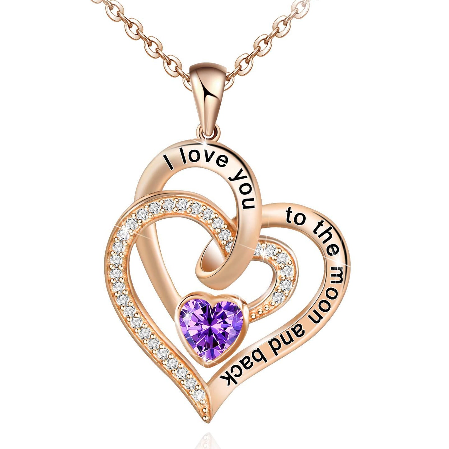 Birthstone Rose gold heart-shaped necklace with purple gem and engraved text on a white background