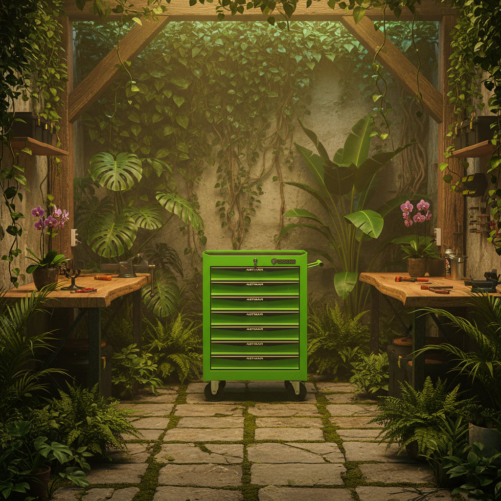 Green tool cart with multiple drawers on a white background