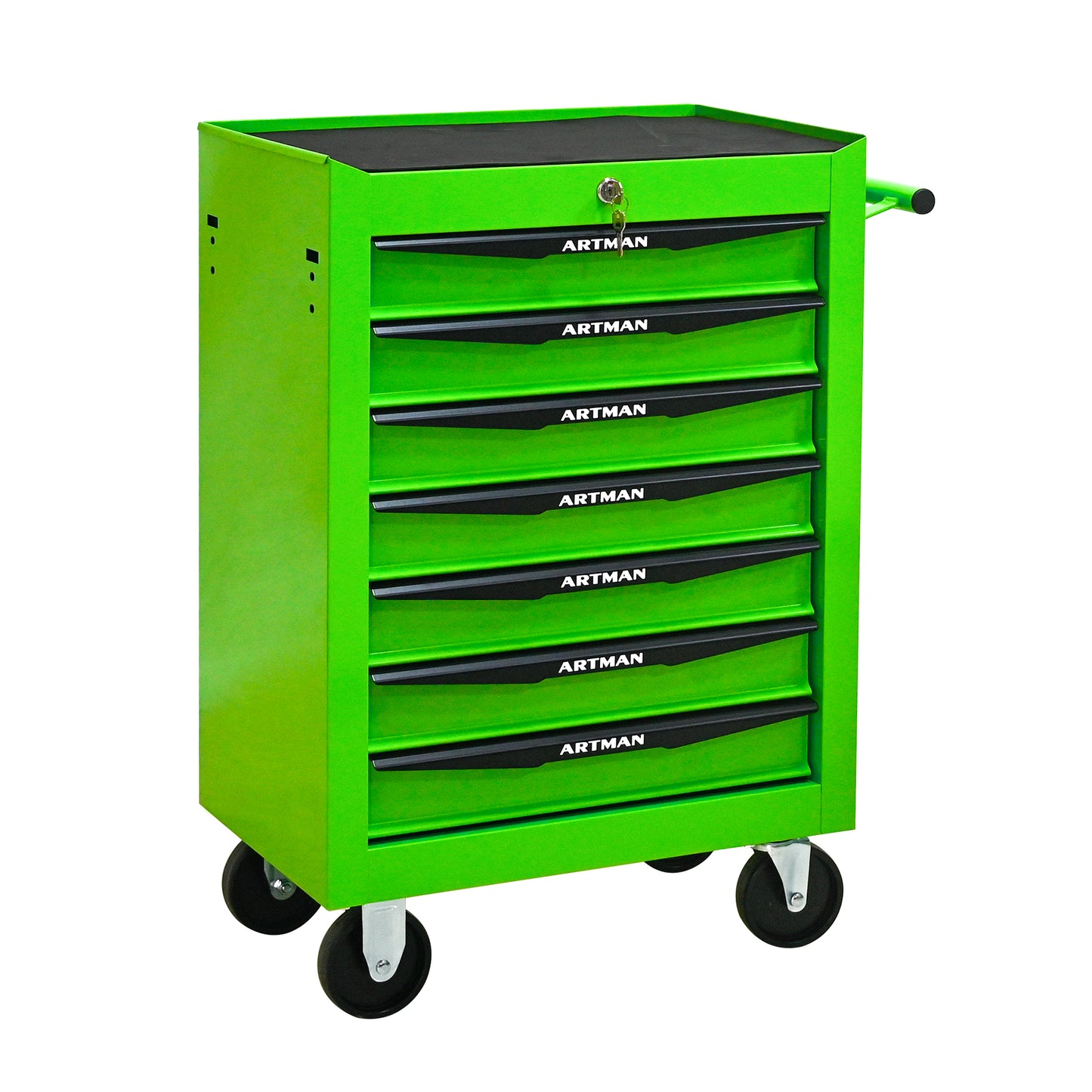 Green tool cart with multiple drawers on a white background