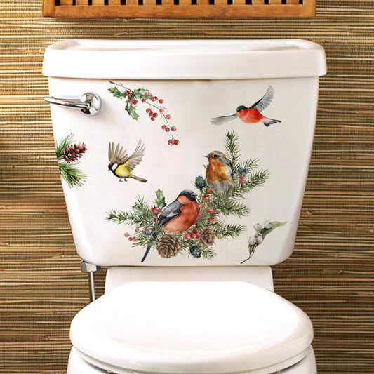 Toilet with decorative design of birds and nature elements on a wooden background