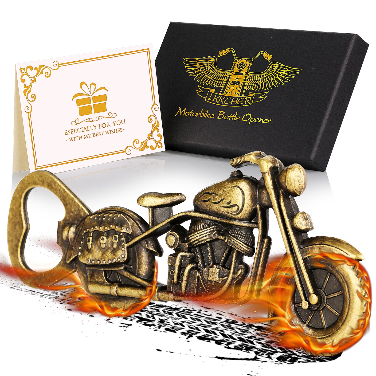 Motorcycle-shaped bottle opener with decorative box and card on a white background