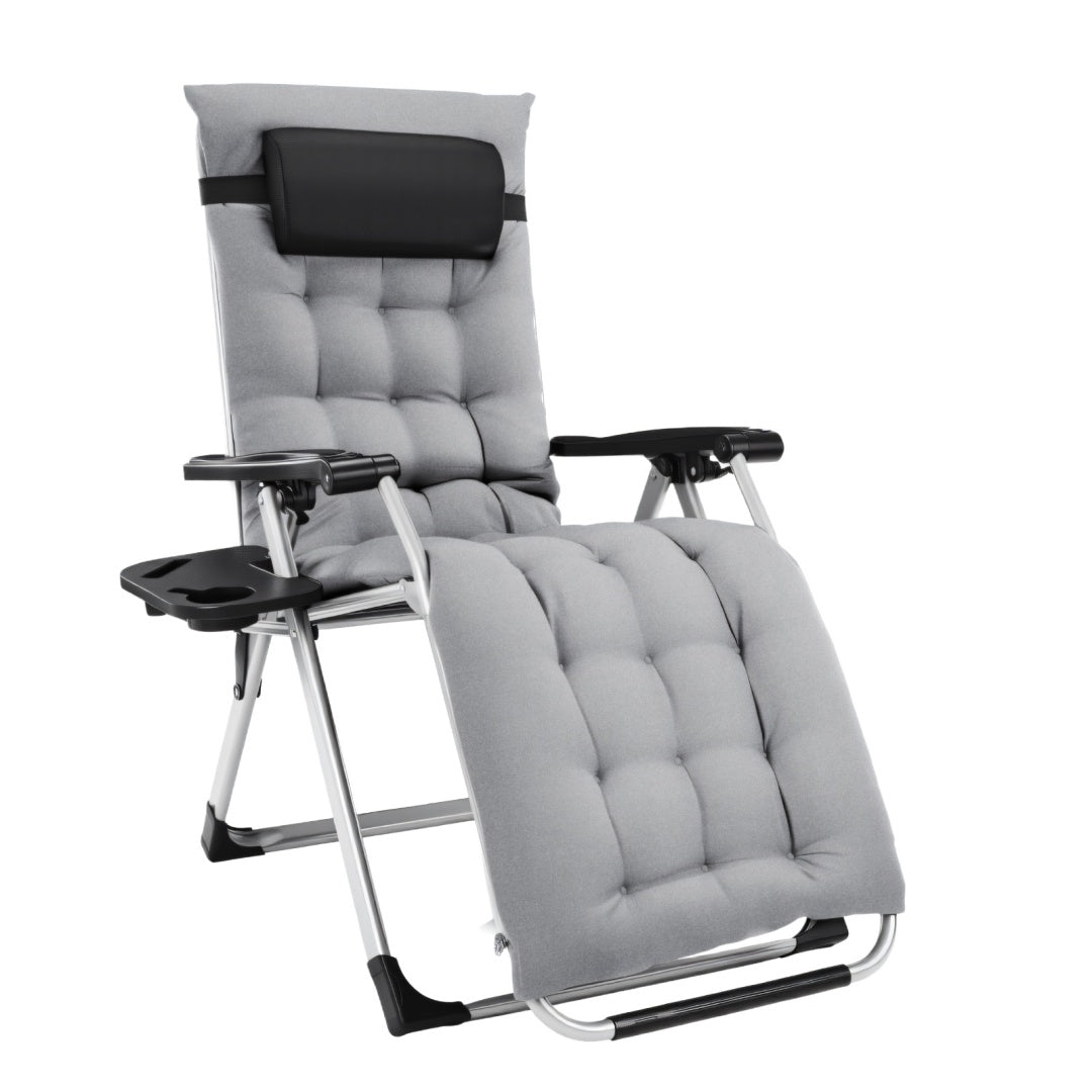 Gray reclining chair with armrest and cup holder on a white background