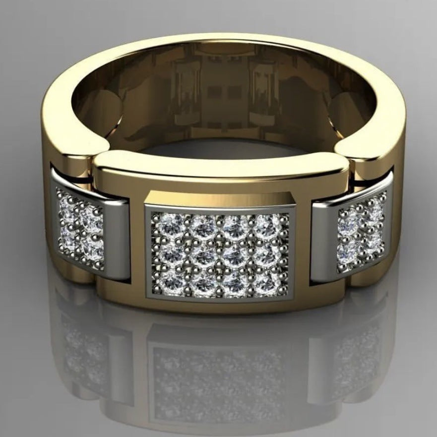 Gold ring with diamond accents on a reflective surface
