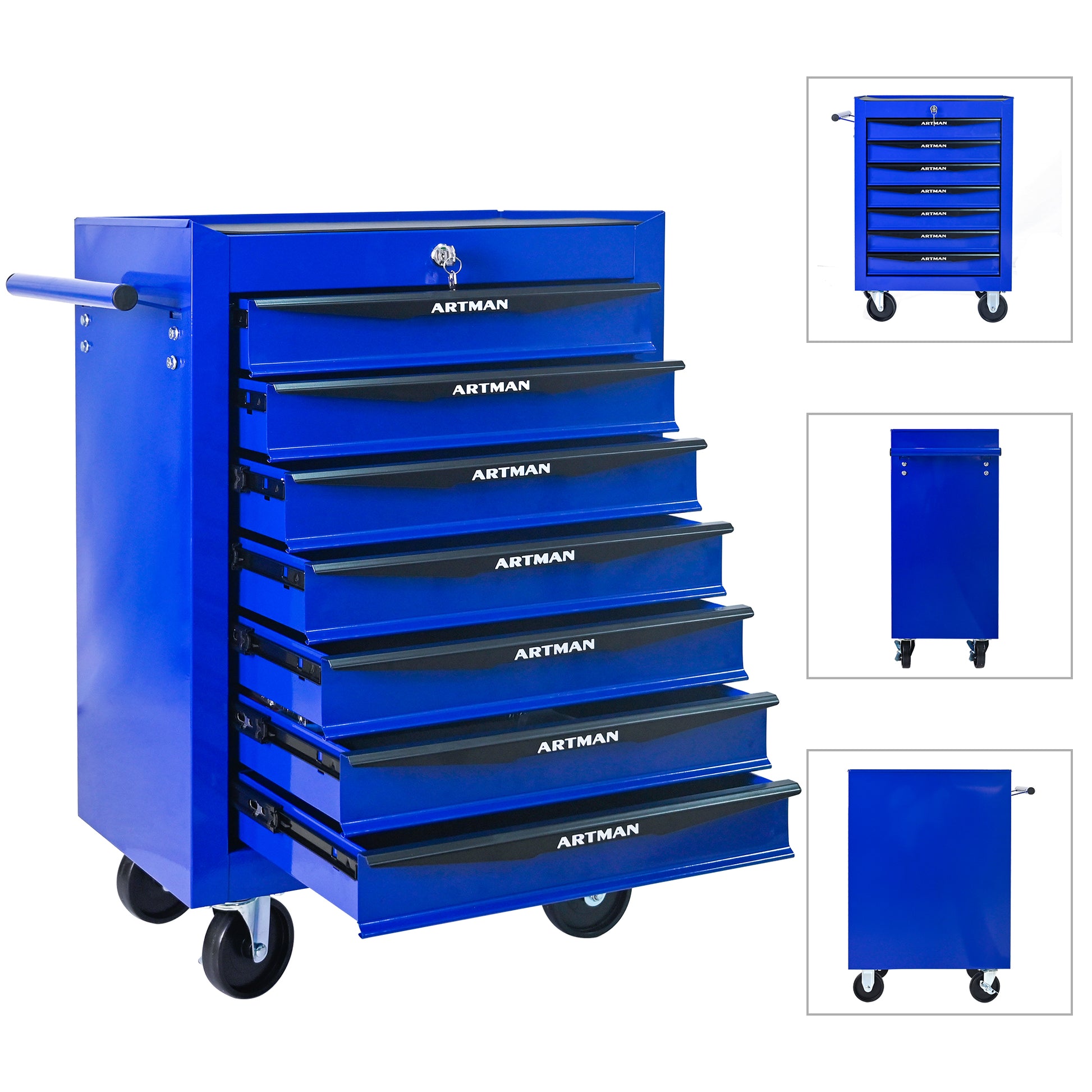 Blue tool chest with multiple drawers and wheels on a white background, featuring the Artman brand.