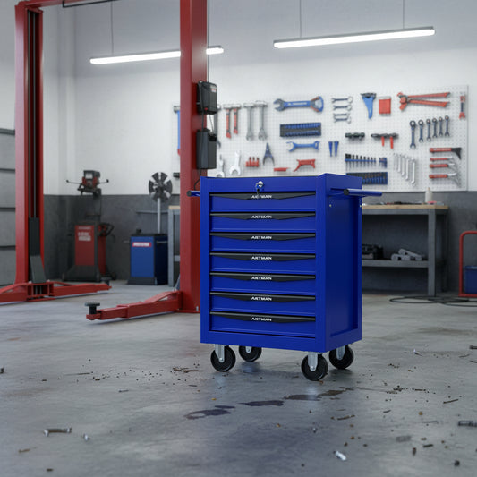Blue tool cart with multiple drawers and 'Artman' branding on a white background