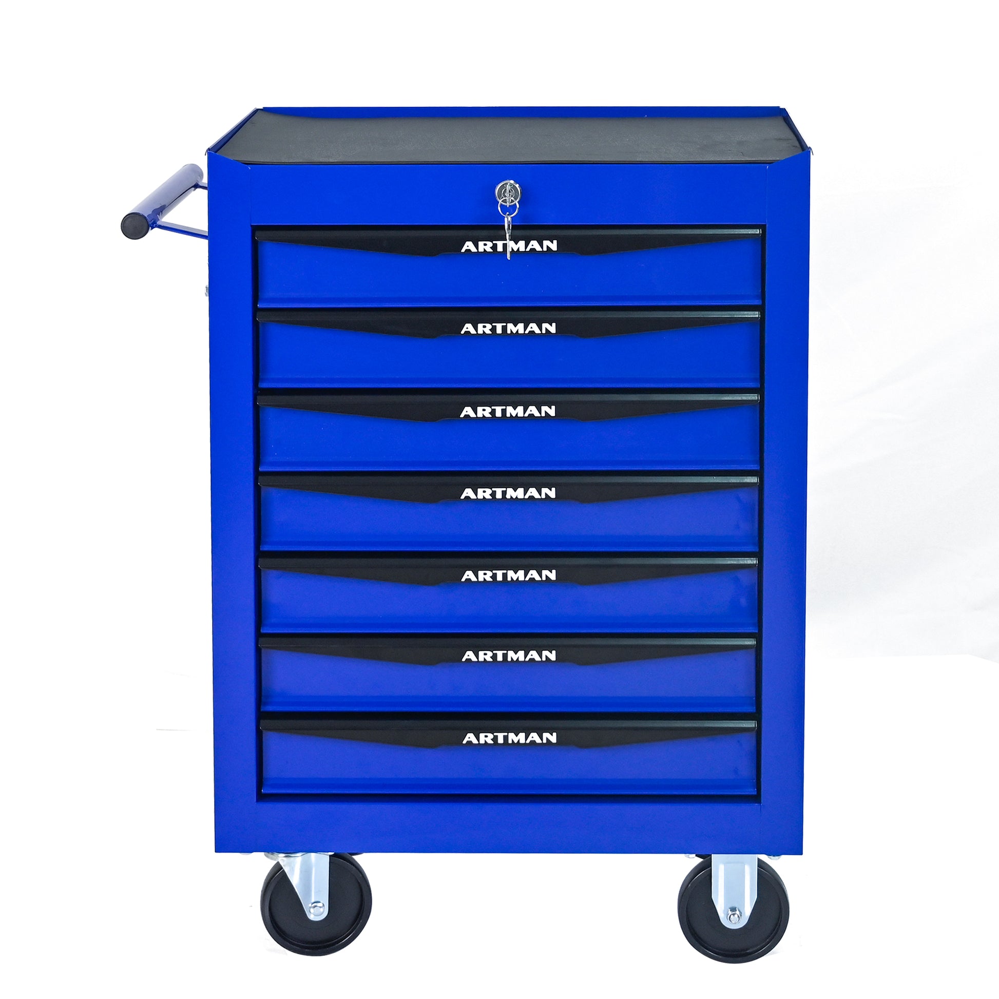 Blue tool cart with multiple drawers and 'Artman' branding on a white background