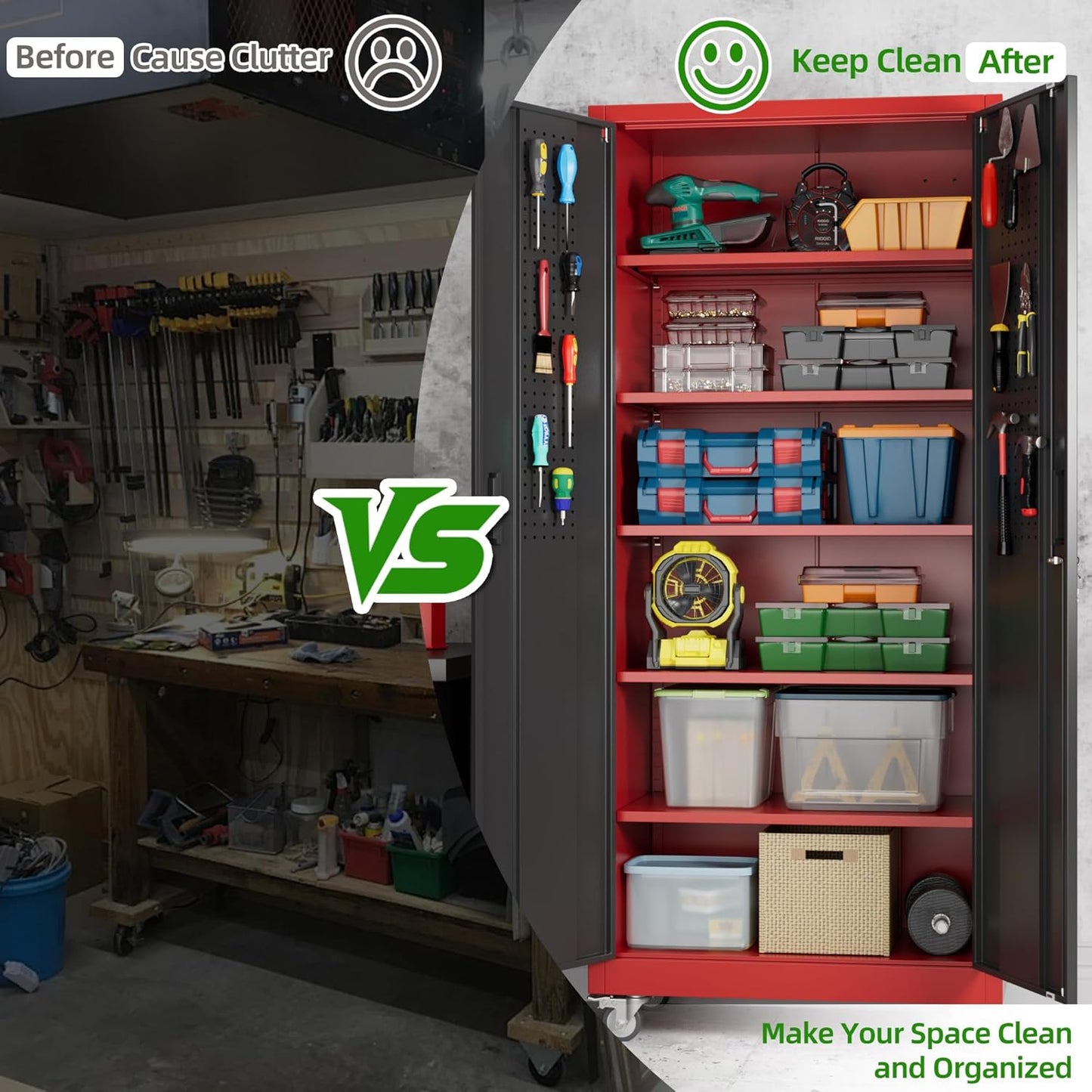 Comparison of a cluttered workshop versus a clean, organized storage area with shelves and tools.