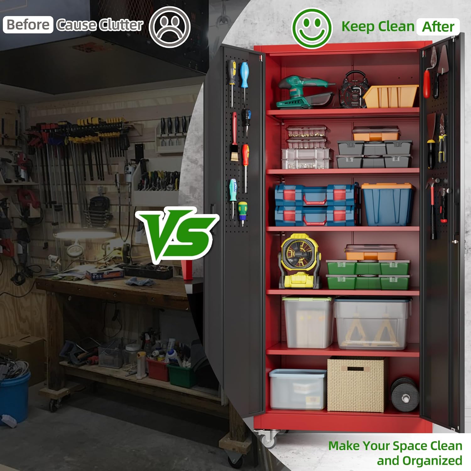 Comparison of a cluttered workshop versus a clean, organized storage area with shelves and tools.