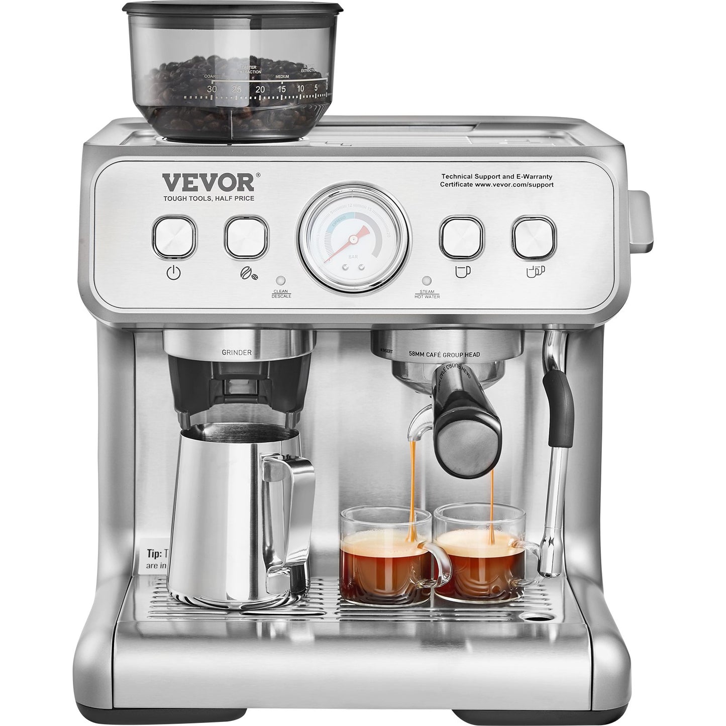 Espresso Machine with Grinder – 15 Bar Semi-Automatic Coffee Maker with Milk Frother