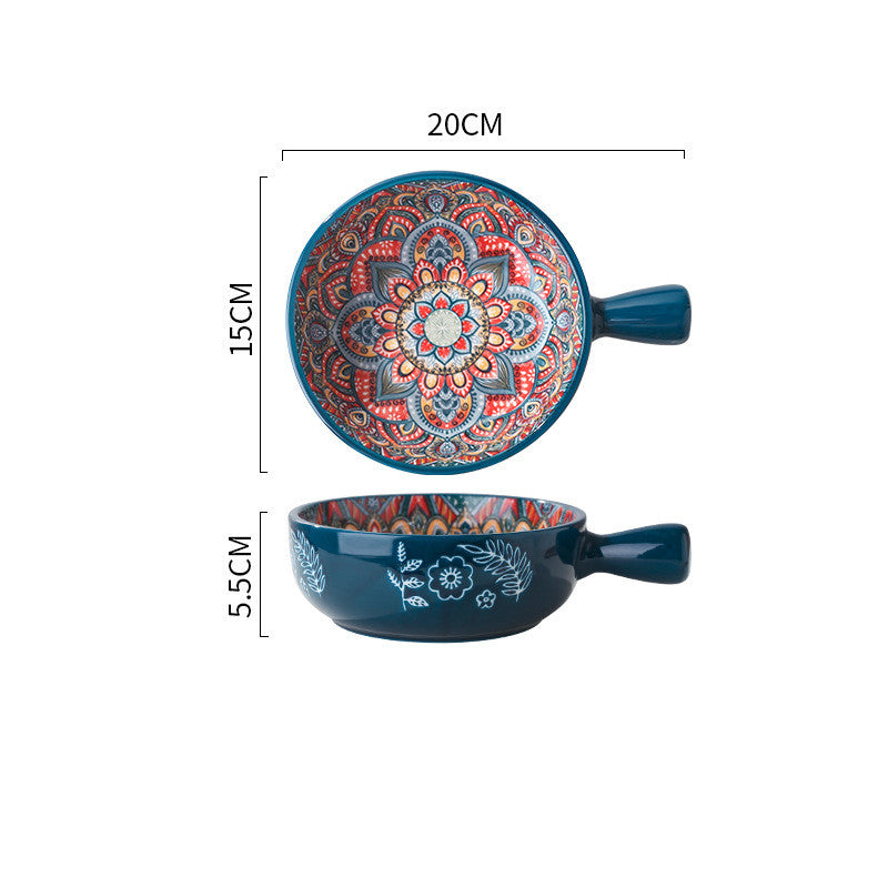 Ceramic bowl with decorative handle and mandala pattern, shown with measurements on a white background. From Nested Wisdom