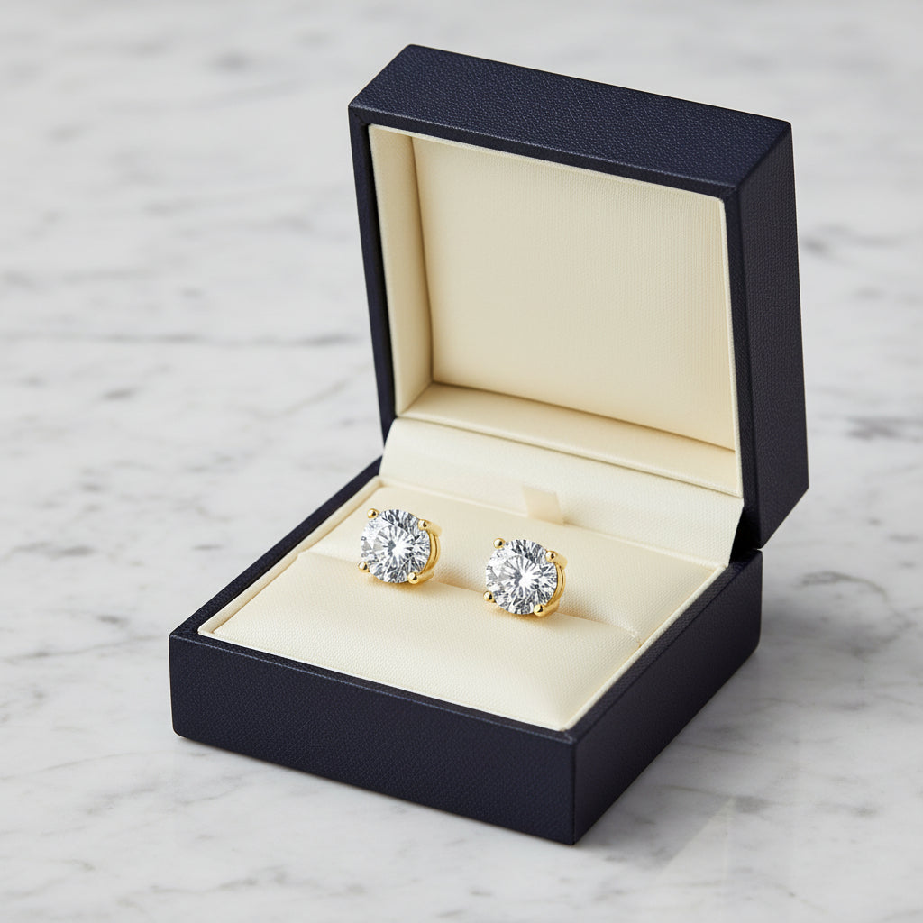 Gold stud earrings with clear gemstones on a white background