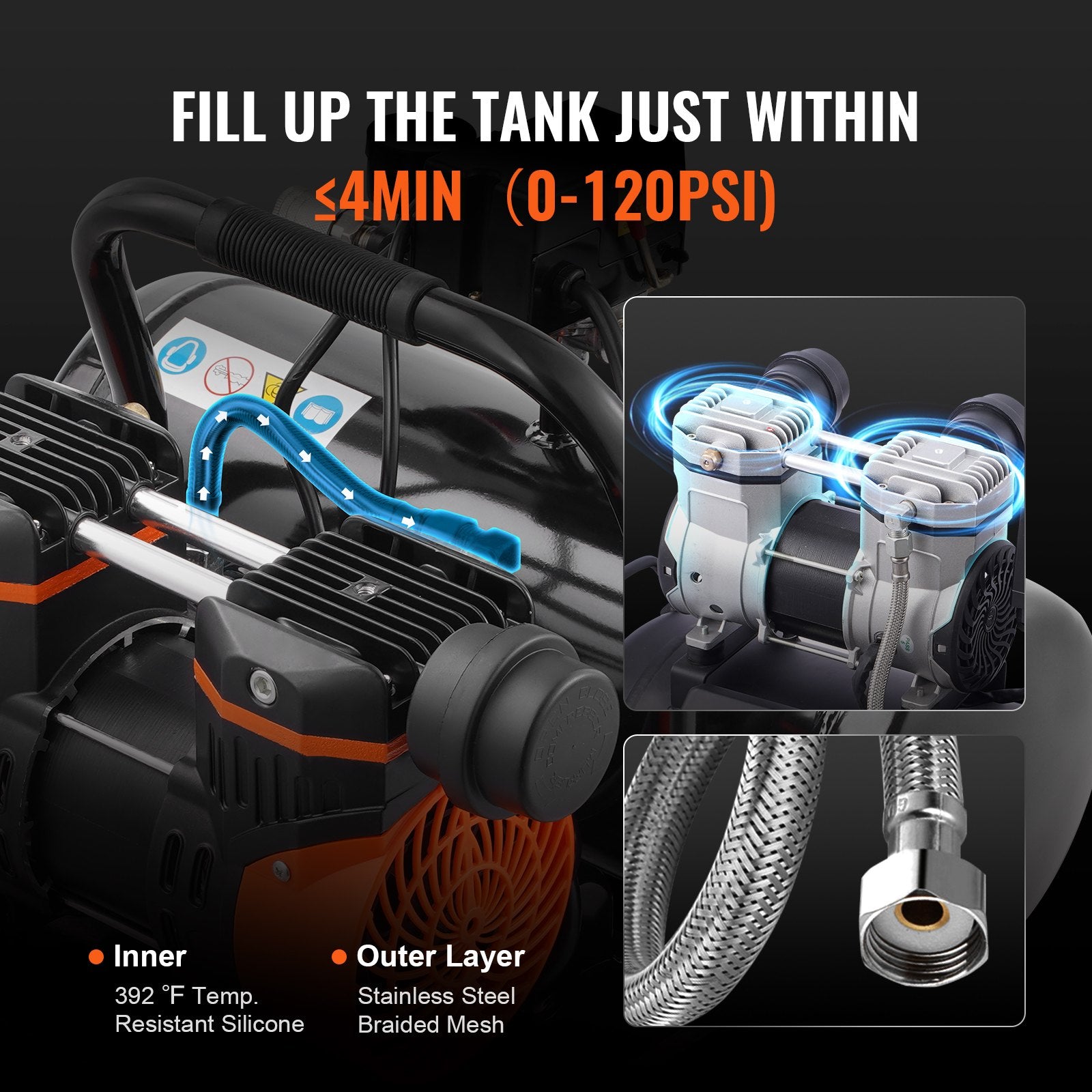 Air compressor with detailed components and text on a black background