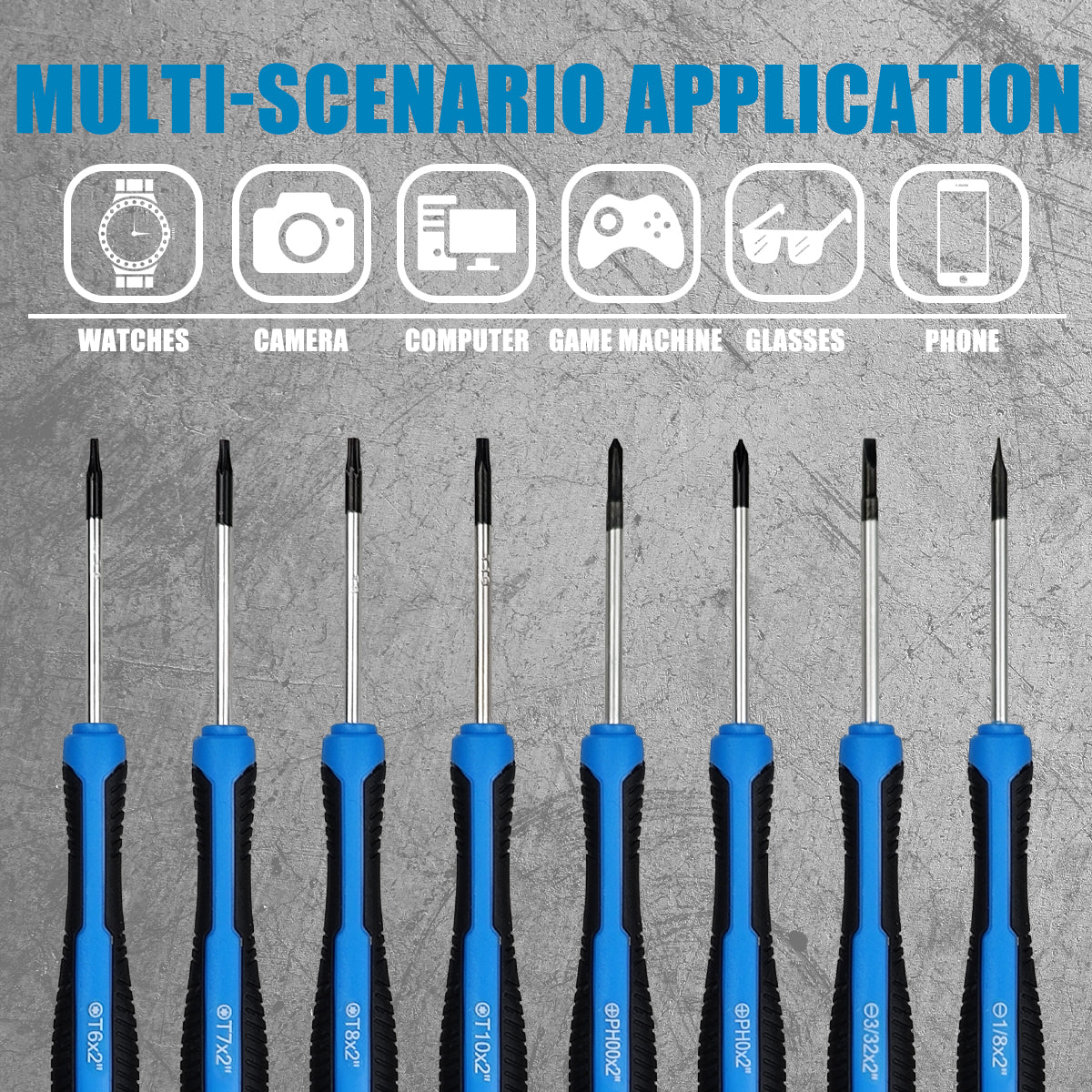 Set of screwdrivers with blue handles on a gray background, labeled for multi-scenario application.