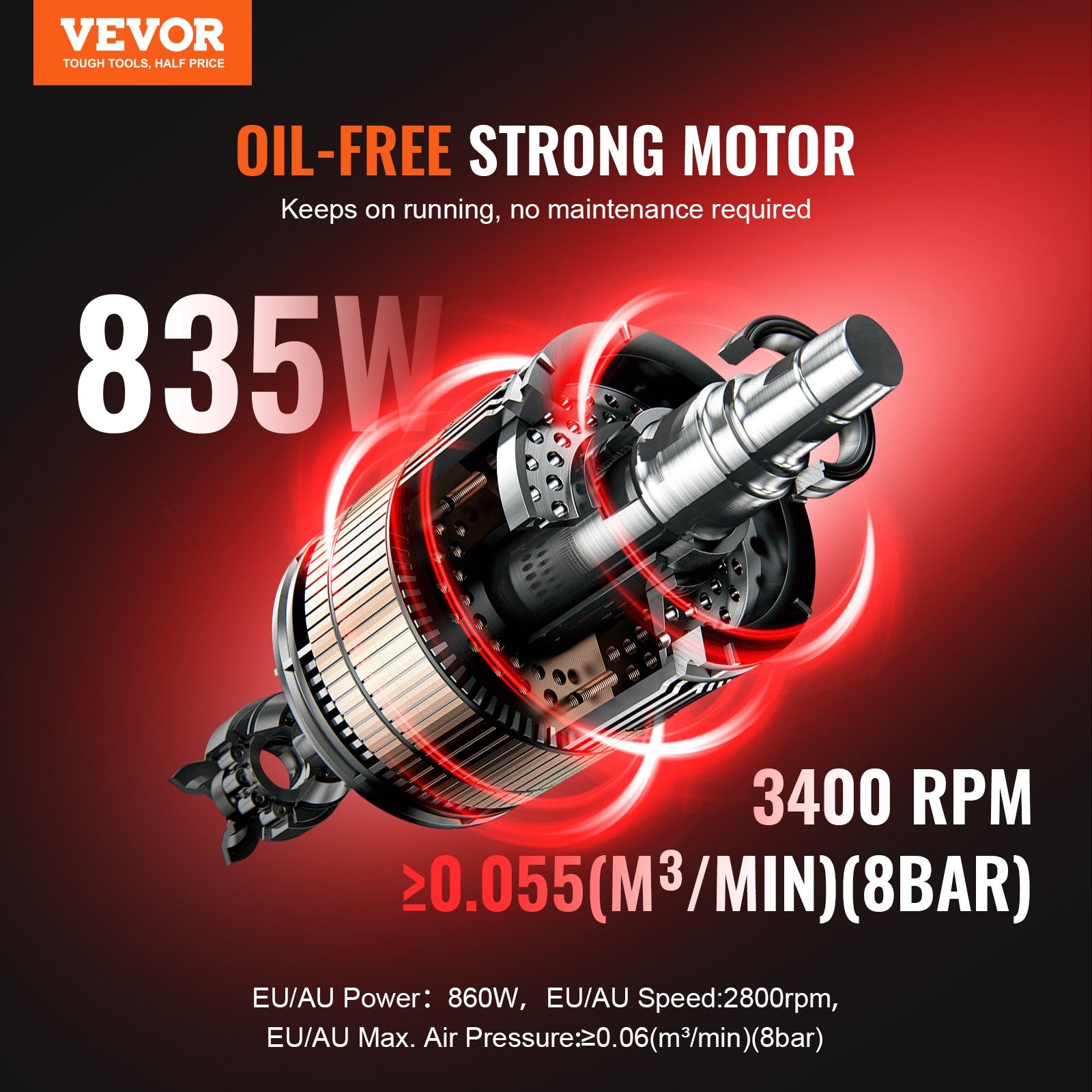 Oil-free strong motor with technical specifications on a red background, featuring the VEVOR brand.
