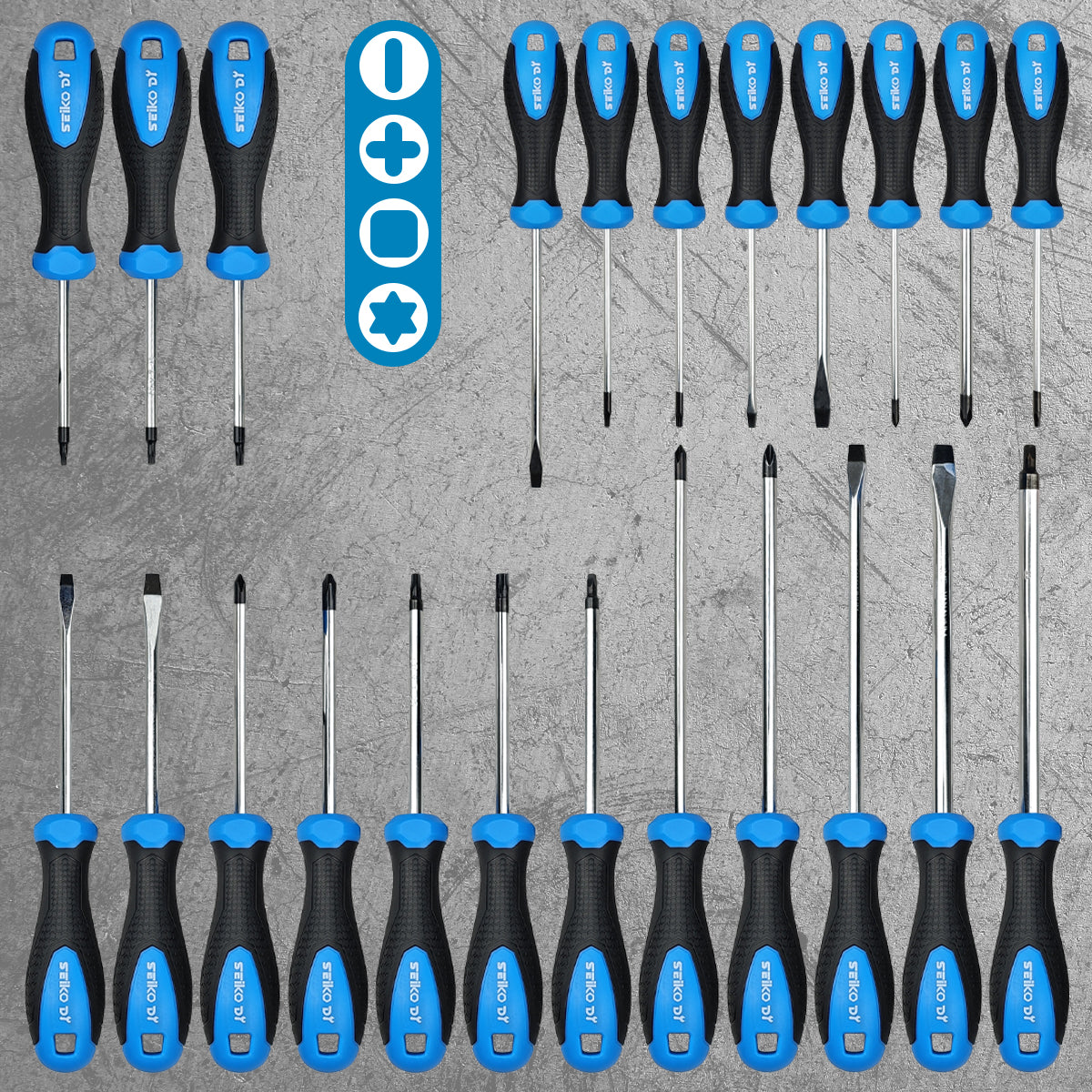 Set of screwdrivers with blue handles on a gray background