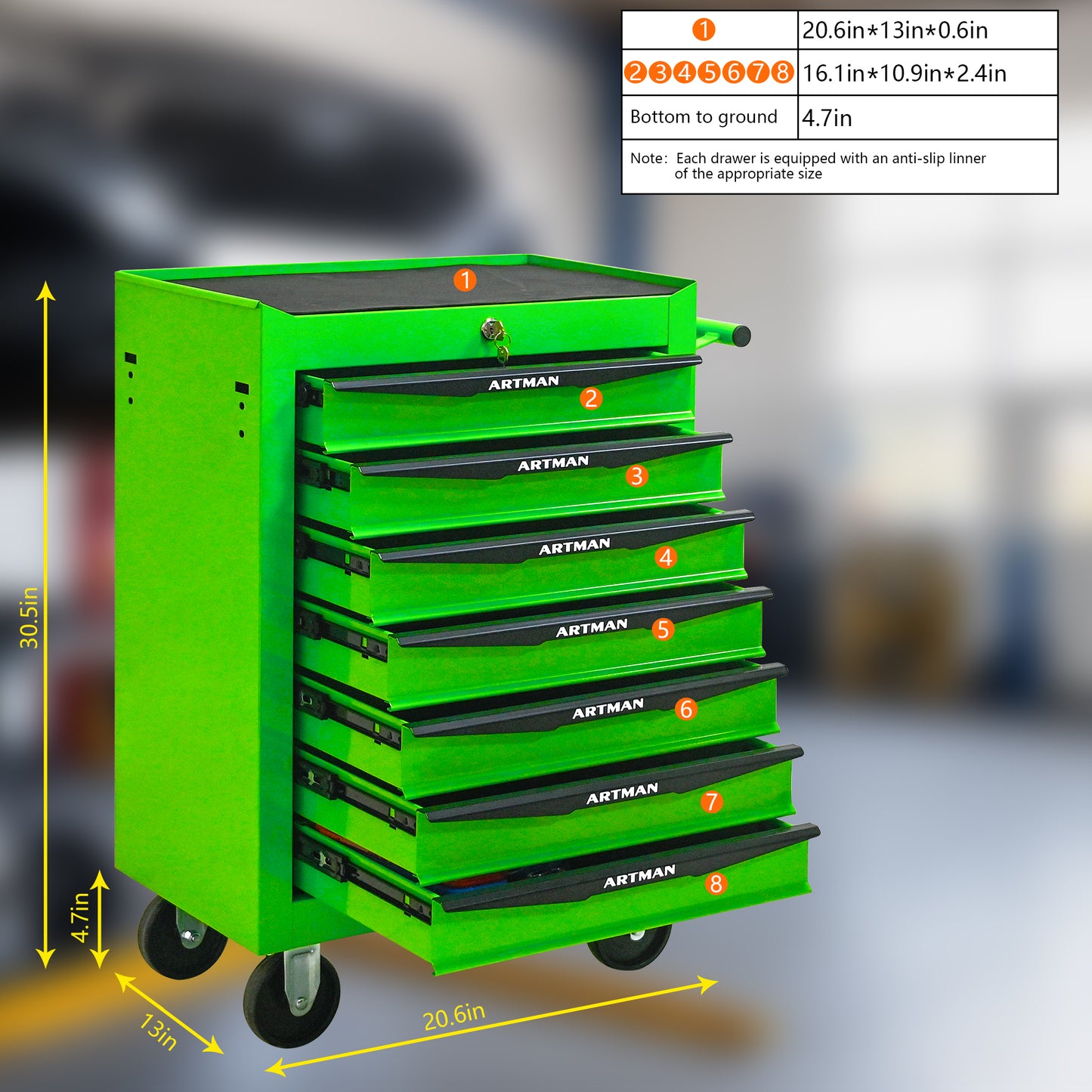 Green tool chest with multiple drawers and dimensions displayed.