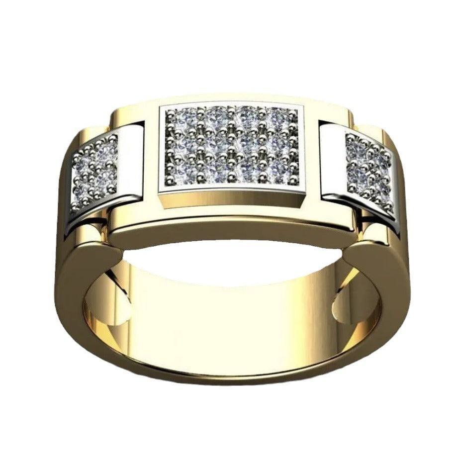 Gold ring with diamond accents on a white background