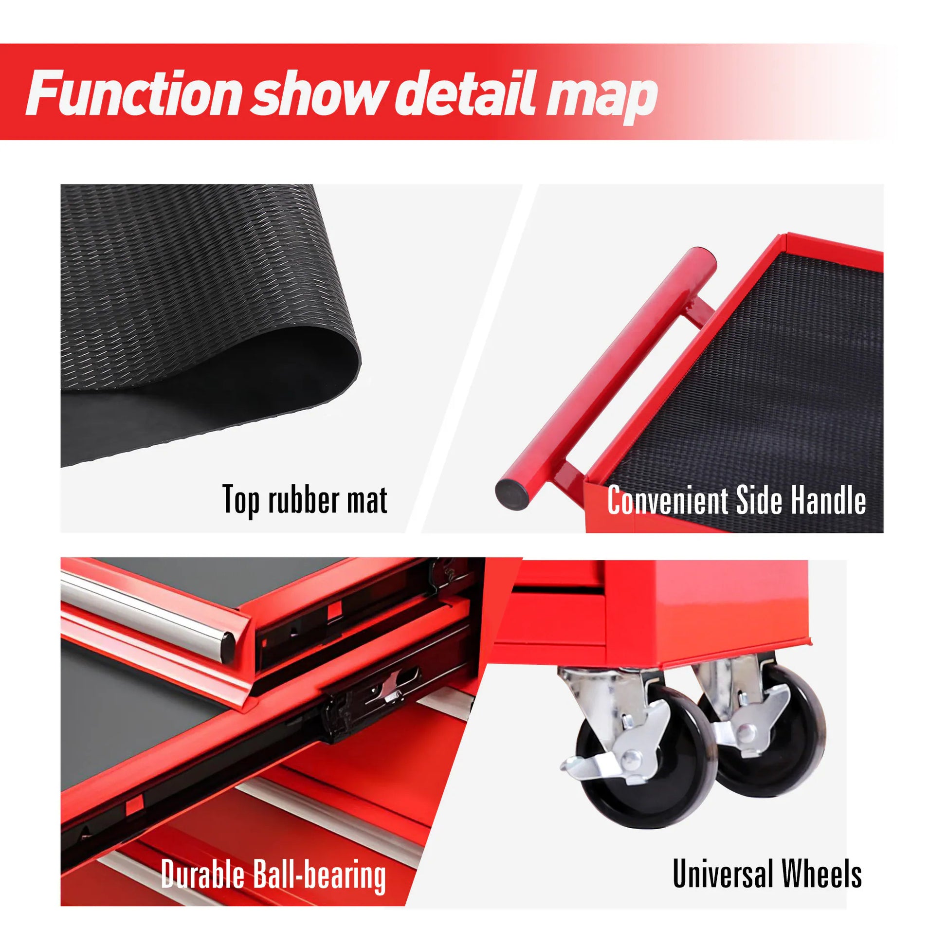 Red cart with features highlighted including top rubber mat, convenient side handle, durable ball-bearing wheels, and universal wheels.