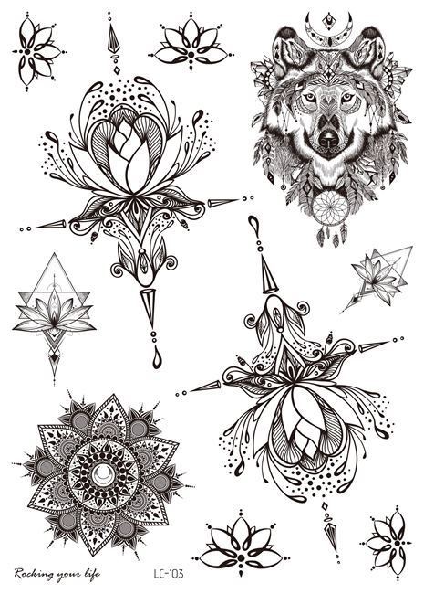 Collection of black and white geometric and floral tattoo designs on a white background.