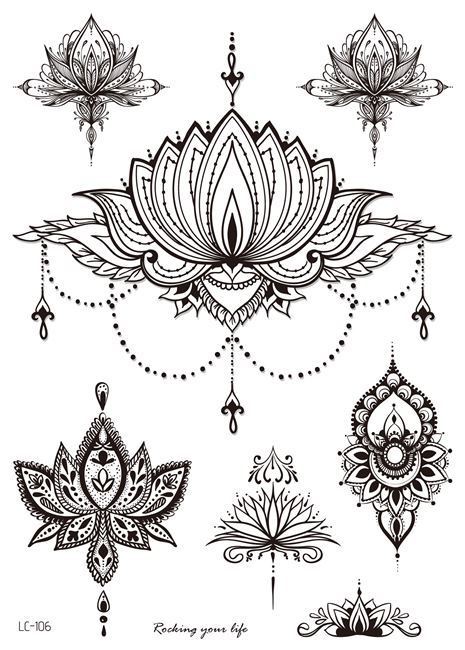 Set of intricate black lotus flower designs on a white background