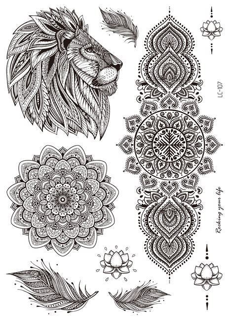 Collection of black and white temporary tattoos featuring a lion, mandalas, and lotus flowers on a white background.