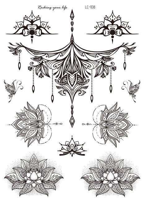 Collection of black and white mandala and floral tattoo designs on a white background.