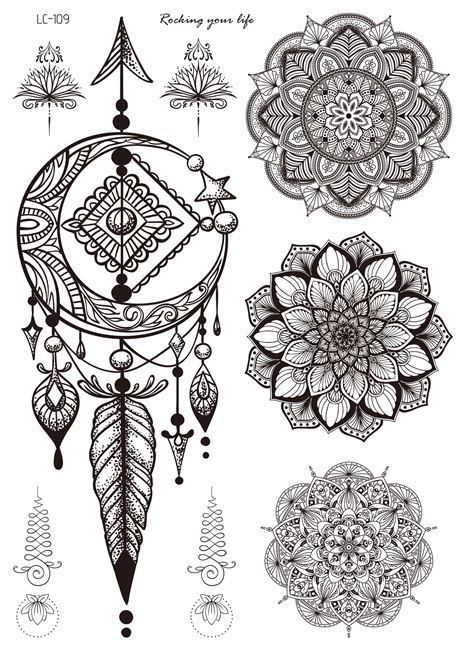 Black and white tattoo designs including a dreamcatcher and mandalas on a white background.