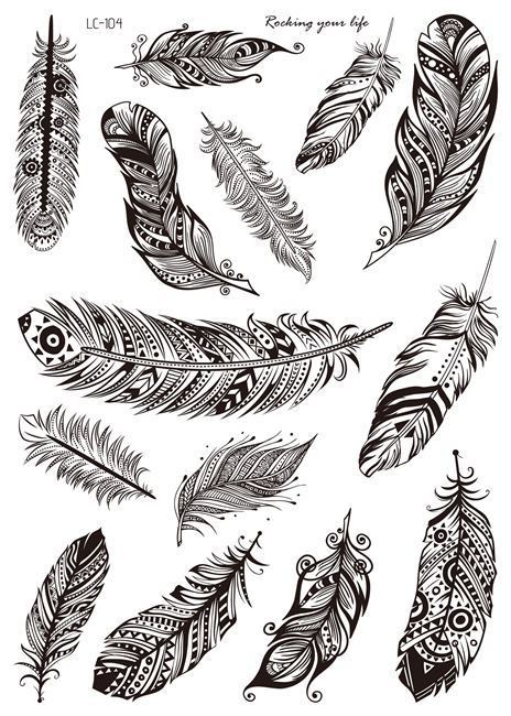 Collection of black and white feather designs on a white background