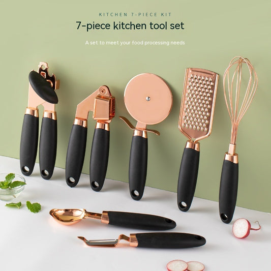 7-piece kitchen tool set with rose gold and black handles on a white surface with a green background.