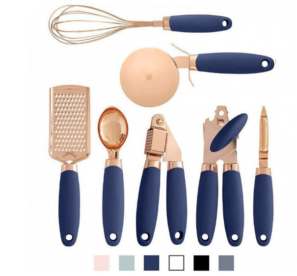 Set of kitchen utensils with blue handles on a white background