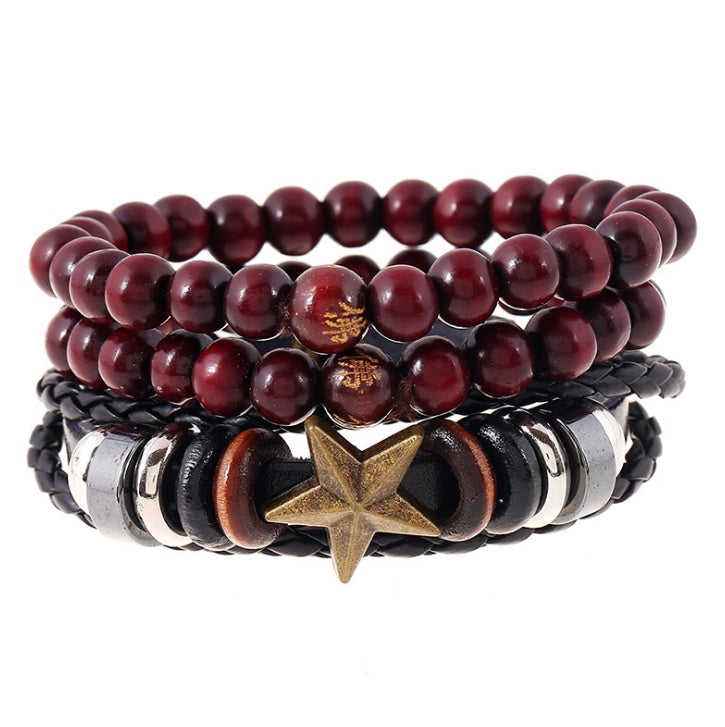 Set of beaded bracelets with a star charm on a white background