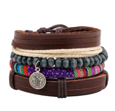 Stack of multicolored bracelets with leather and beaded designs on a white background
