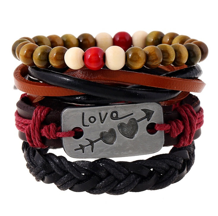 Multistrand bracelet with beads and leather straps on a white background