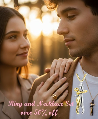 A couple in a warm sunset setting, with the man wearing a gold and silver ring and necklace set. The image features a promotional text overlay reading 'Ring and Necklace Set over 50% off' with close-up product views of the gold and silver dancer pendants and the gold ring.