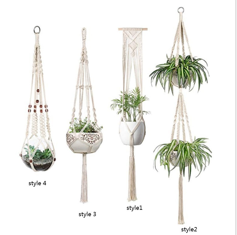 Set of four macrame plant hangers with plants on a white background
